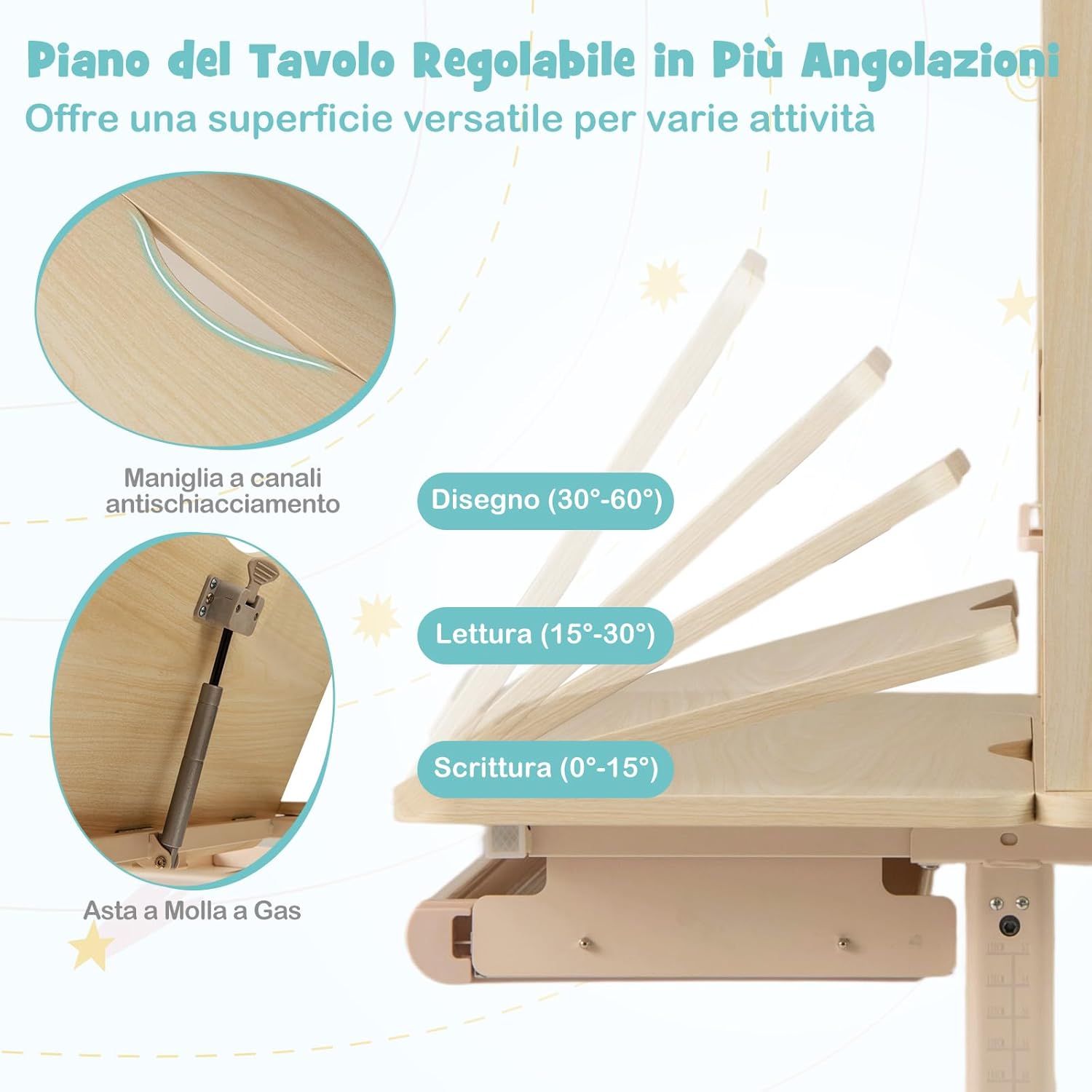 Scrivania per Bambini 3+ Anni, Tavolo da Studio Regolabile in Altezza con Libreria e Cassetto, Piano Inclinabile, Mensole, Leggio e Portapenne, Scrivania per Studiare (Blu)