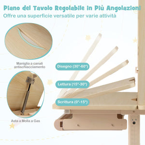 Scrivania per Bambini 3+ Anni, Tavolo da Studio Regolabile in Altezza con Libreria e Cassetto, Piano Inclinabile, Mensole, Leggio e Portapenne, Scrivania per Studiare (Blu)