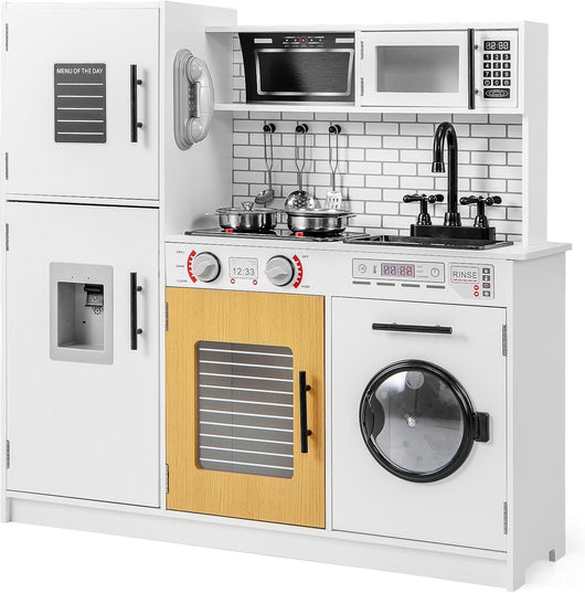 Cucina Giocattolo per Bambini, Cucina Legno per Bambini con Forno, Microonde, Lavatrice, Telefono, Lavello Rimovibile e Rubinetto Rotante, con Luci e Suoni, per Bambini di 3+ Anni (Bianco)