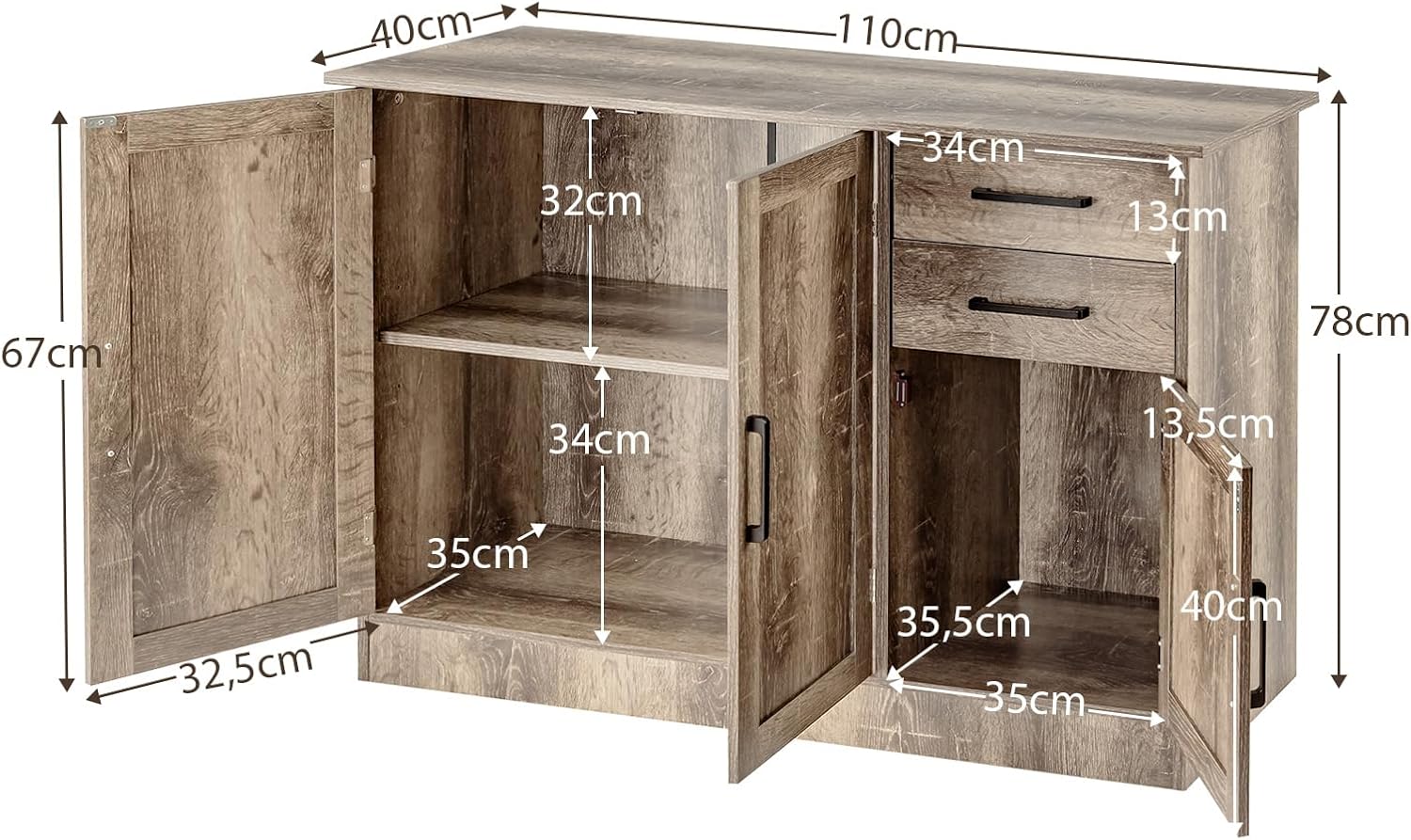 Credenza da Cucina, Mobile Buffet da Terra con 2 Cassetti, 3 Ante e 1 Ripiano Regolabile, per Sala da Pranzo, Cucina, Salotto, Ingresso, Grigio