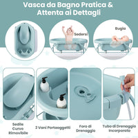 Fasciatoio con Vaschetta per Bambini, Vasca da Bagno per Neonati, Fasciatoio Pieghevole con Materassino, Cestino Portaoggetti, Ruote con Freno, Portata 35kg+15kg (Azzurro)