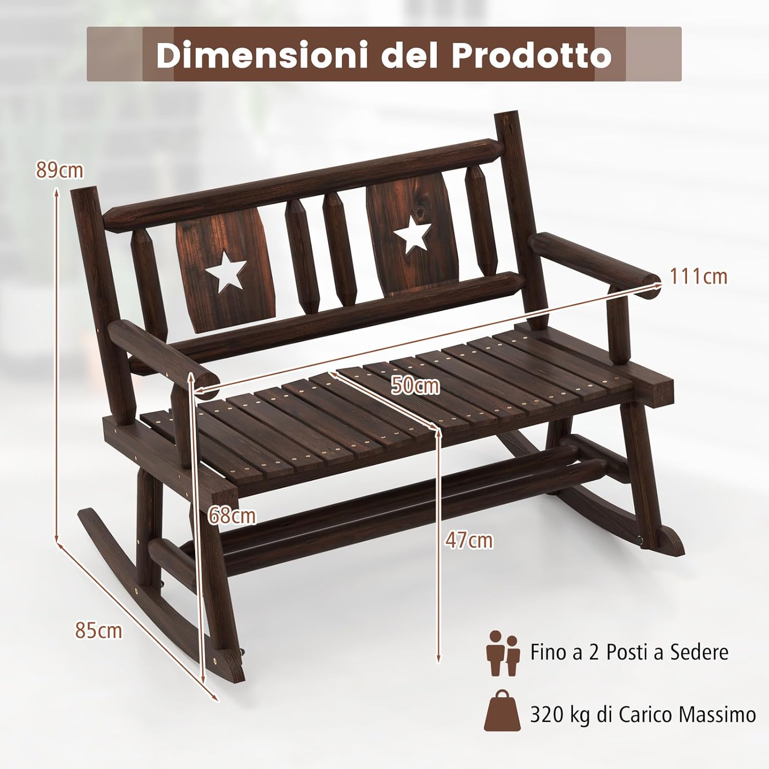 Panca a Dondolo da Giardino, Sedia a Dondolo in Legno con Seduta Ergonomica, Doppia Poltrona a Dondolo in Legno Massiccio per Esterno, Portico, Giardino, 111 x 85 x 89 cm