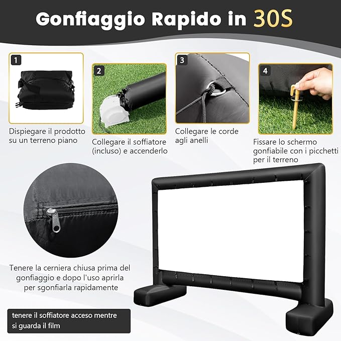 Schermo Proiettore Gonfiabile 16:9, Schermo Gonfiabile per Esterni con Soffiatore, Schermi di Proiezione con Borsa per Trasporto e Picchetti, 317x179 CM (Modello 2)