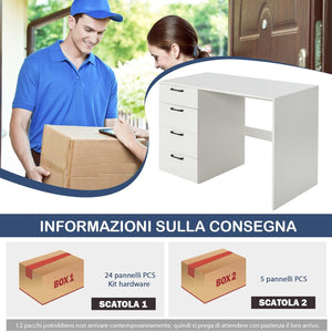 Scrivania per Computer con 4 Cassetti, Scrivania Porta PC in Legno con Ampio Piano, Scrivania Moderna e Semplice per Casa, Ufficio e Studio, Portata 95 kg, 110 x 60 x 76 cm, Bianco