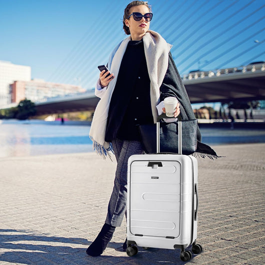 Valigia Bagaglio da 20" con Tasca Frontale, Porta USB, Tavolino Pieghevole, Valigia con Serratura, Ruote Girevoli, Manico Regolabile, Trolley Valigia Rigida Bagaglio da Viaggio (Bianco)