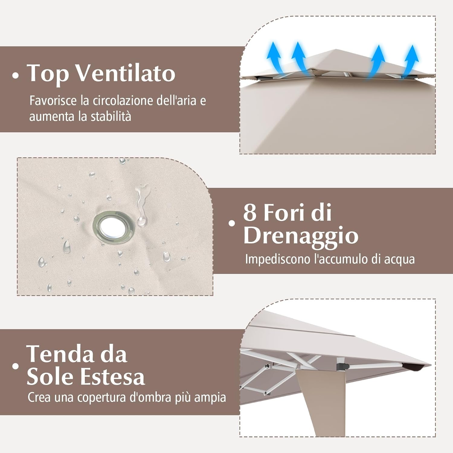 Tenda Pop-up Esterno 4x4 m Doppio Tetto, Gazebo da Giardino Altezza Regolabile con Fori di Drenaggio, Tenda da Giardino Antivento Facile da Montare con Borsa di Trasporto (Kaki)