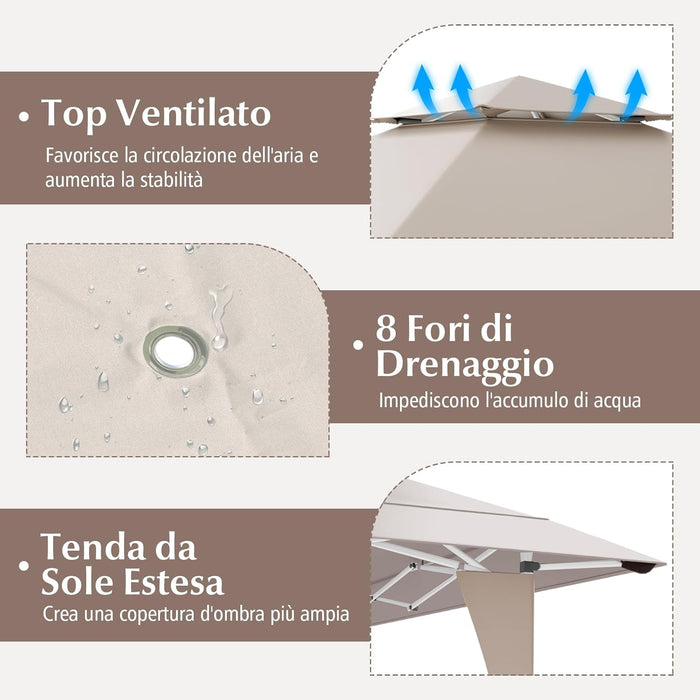Tenda Pop-up Esterno 4x4 m Doppio Tetto, Gazebo da Giardino Altezza Regolabile con Fori di Drenaggio, Tenda da Giardino Antivento Facile da Montare con Borsa di Trasporto (Kaki)