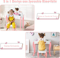 Toeletta Trucco 2 in 1 per Bambina, Specchiera Staccabile per Ragazza in Legno con Sgabello, Portapenni, Cassetto e Specchio Girevole a 360°, Postazione Trucco, 70 x 34 x 105cm (Bianco)