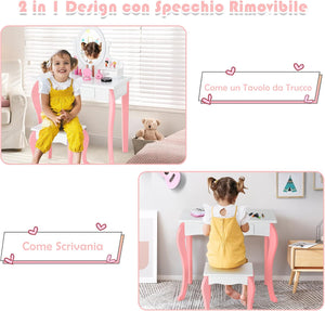 Toeletta Trucco 2 in 1 per Bambina, Specchiera Staccabile per Ragazza in Legno con Sgabello, Portapenni, Cassetto e Specchio Girevole a 360°, Postazione Trucco, 70 x 34 x 105cm (Bianco)