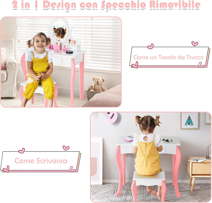 Toeletta Trucco 2 in 1 per Bambina, Specchiera Staccabile per Ragazza in Legno con Sgabello, Portapenni, Cassetto e Specchio Girevole a 360°, Postazione Trucco, 70 x 34 x 105cm (Bianco)