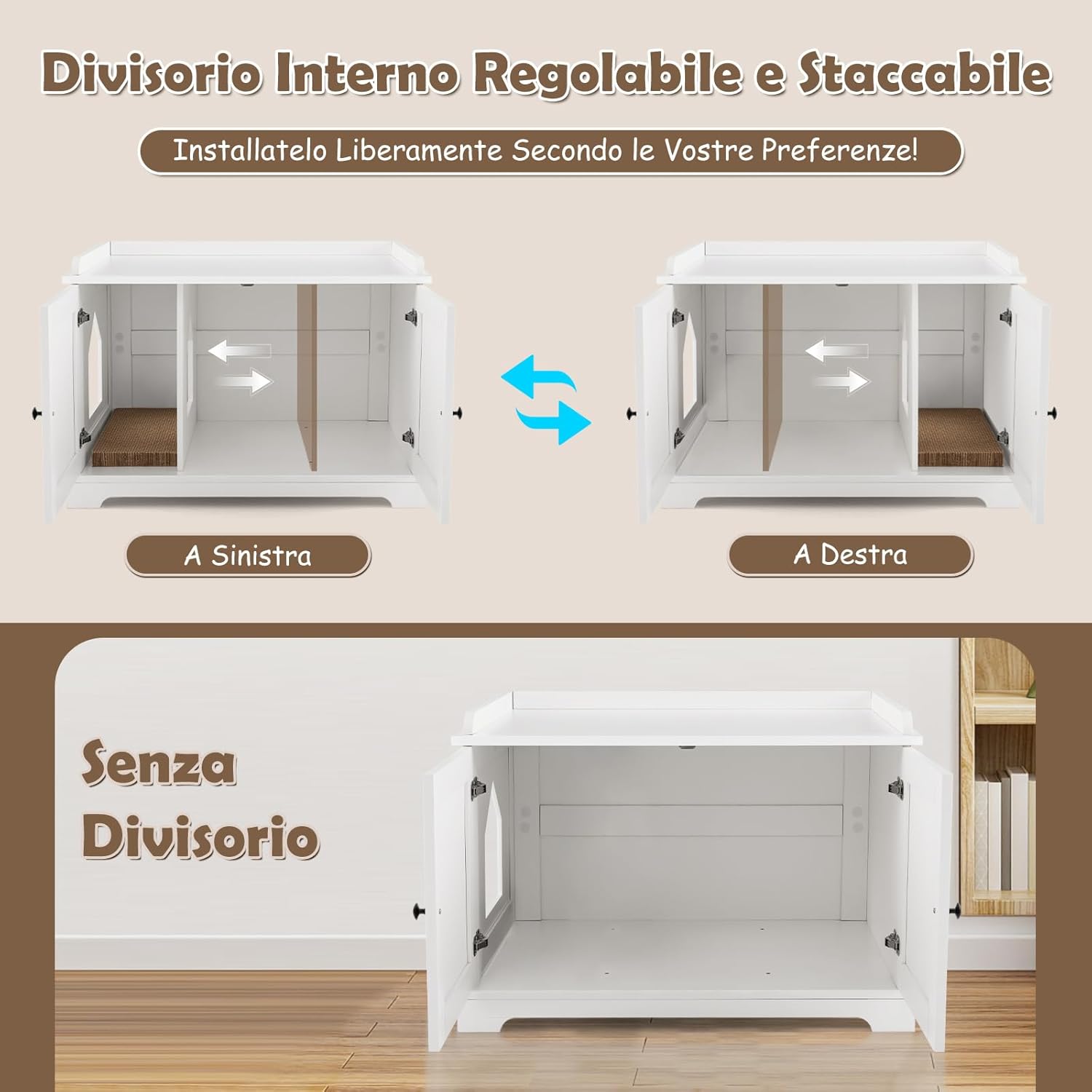 Mobile per Lettiera per Gatti, Casetta per Gatti con Tiragraffi, Divisorio Regolabile, Ante e Ingresso Laterale, Mobiletto Versatile e Moderno per Salotto, 75 x 51 x 53 cm, Bianco