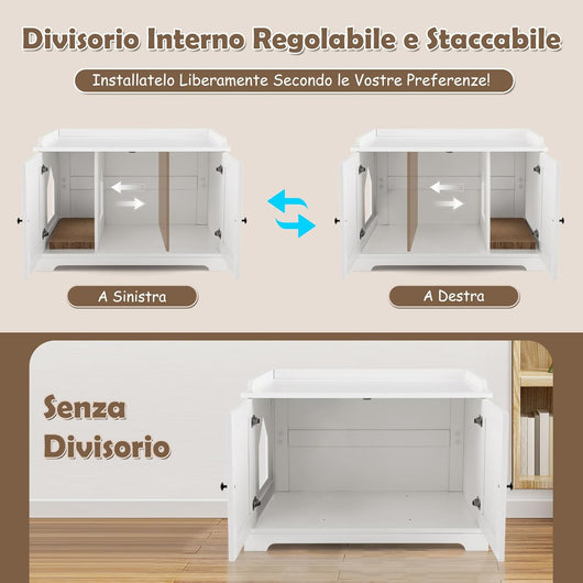 Mobile per Lettiera per Gatti, Casetta per Gatti con Tiragraffi, Divisorio Regolabile, Ante e Ingresso Laterale, Mobiletto Versatile e Moderno per Salotto, 75 x 51 x 53 cm, Bianco