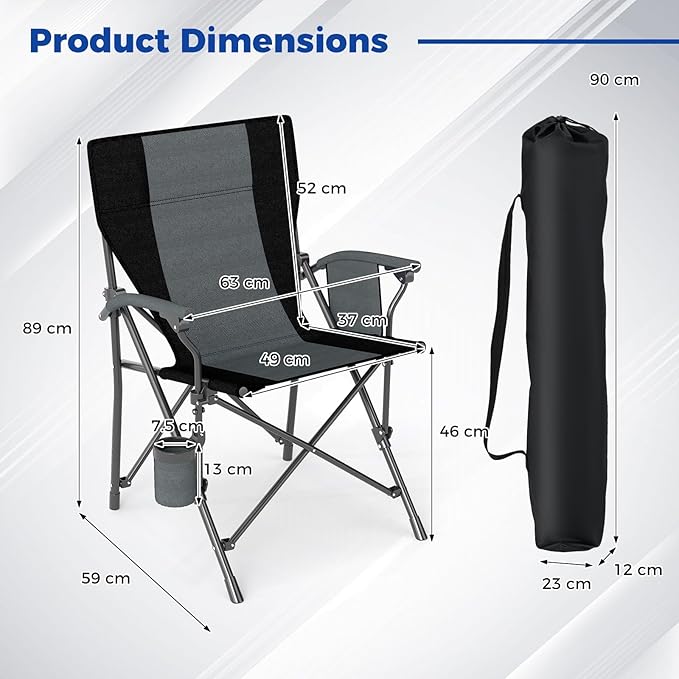 Sedia da Campeggio Portatile, Sedia da Esterno Pieghevole in Tessuto Oxford con Porta Bicchiere e Tasca Laterale, Seduta in Metallo Resistente con Sacca di Trasporto, Portata 160 kg (Nero,1)