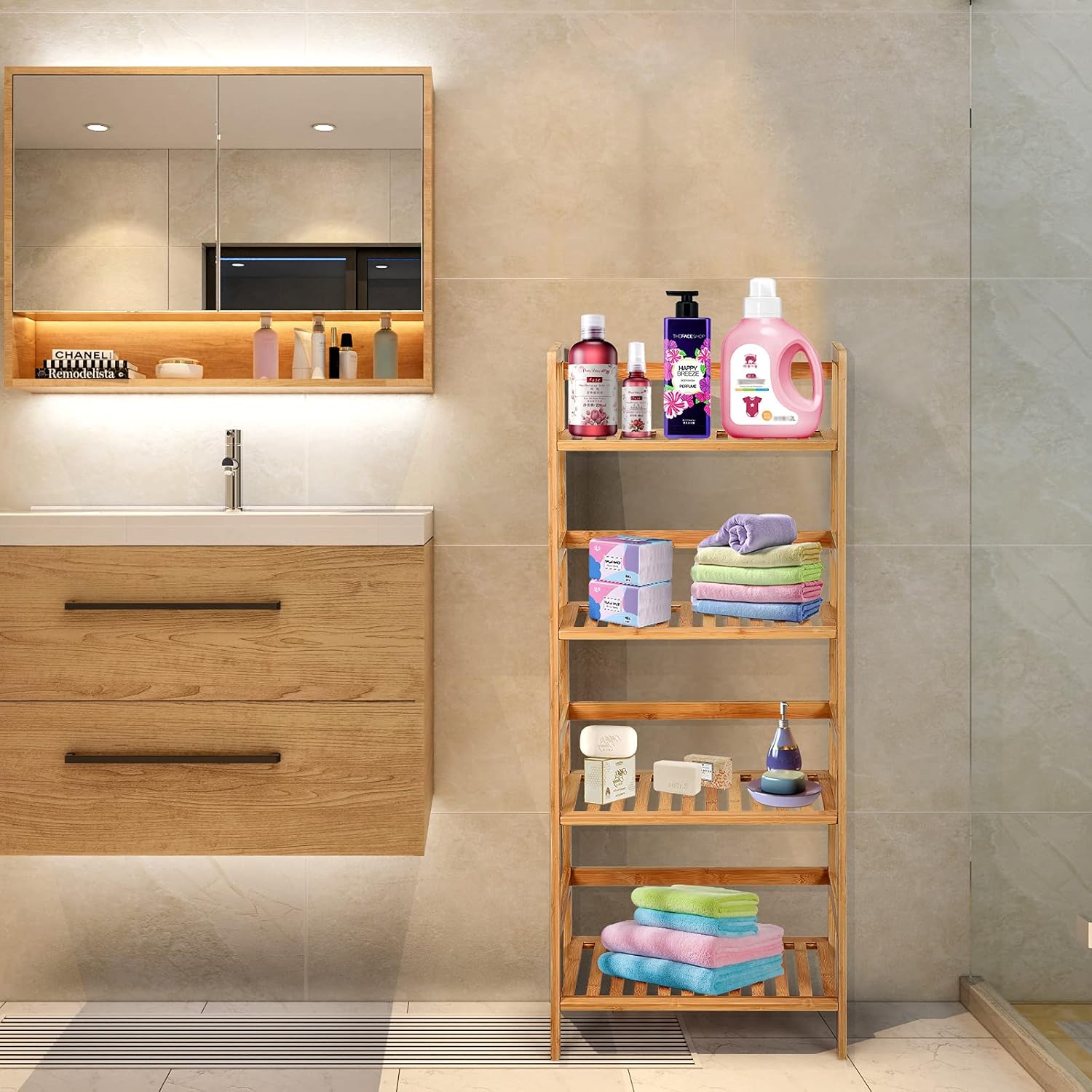 Scaffale per Piante in Bambù a 4 Ripiani, Scaffale Porta Vasi da Interno ed Esterno, Scaffale Portafiori per Balcone, Giardino e Cortile, 48 x 32 x 115 cm (Naturale)