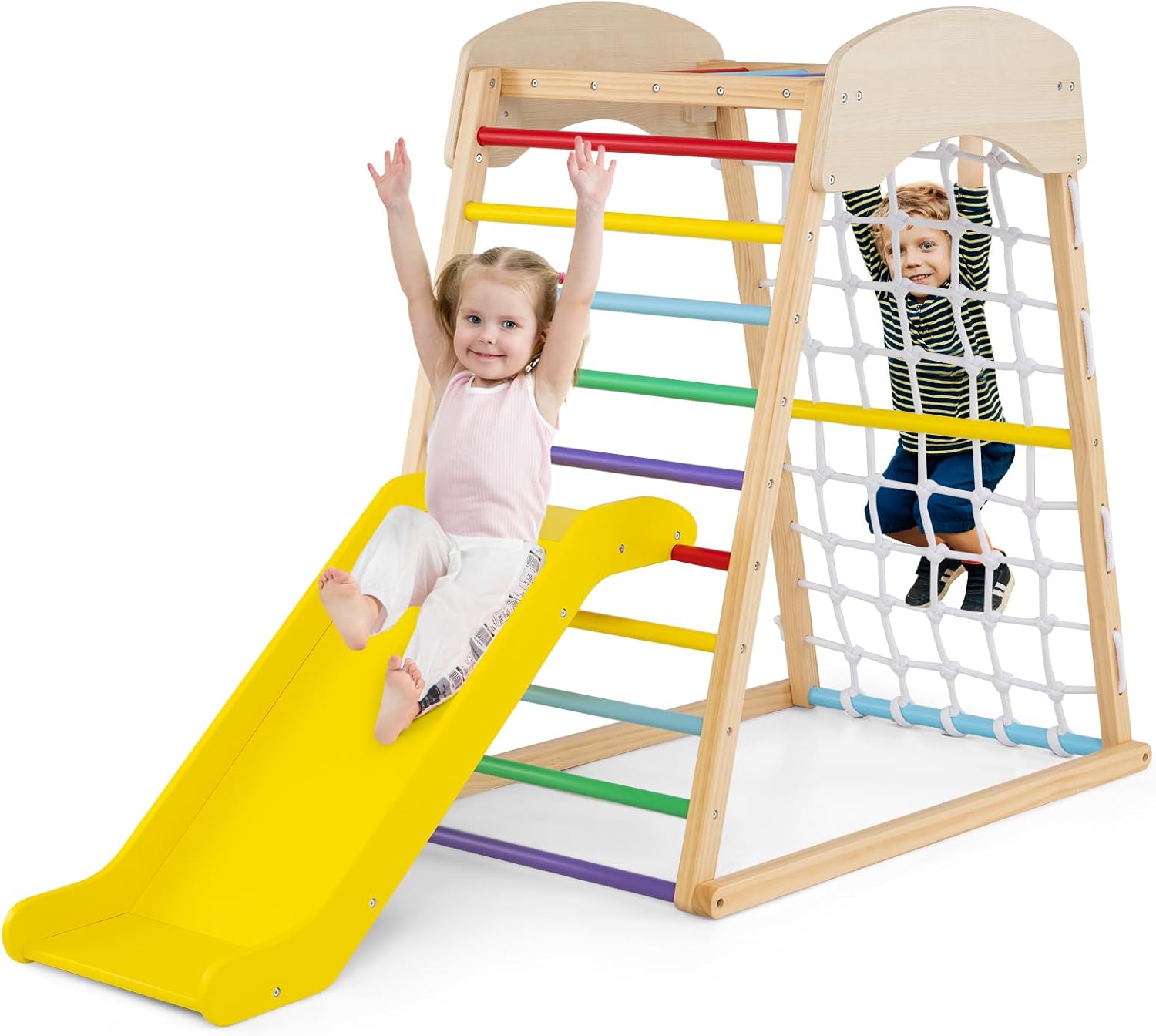 Set Arrampicata 4 in 1, Parco Giochi Interno in Legno con Sbarre Rete da Arrampicata e Scala da Arrampicata, per Bambini 1 Anno+ (colorato)