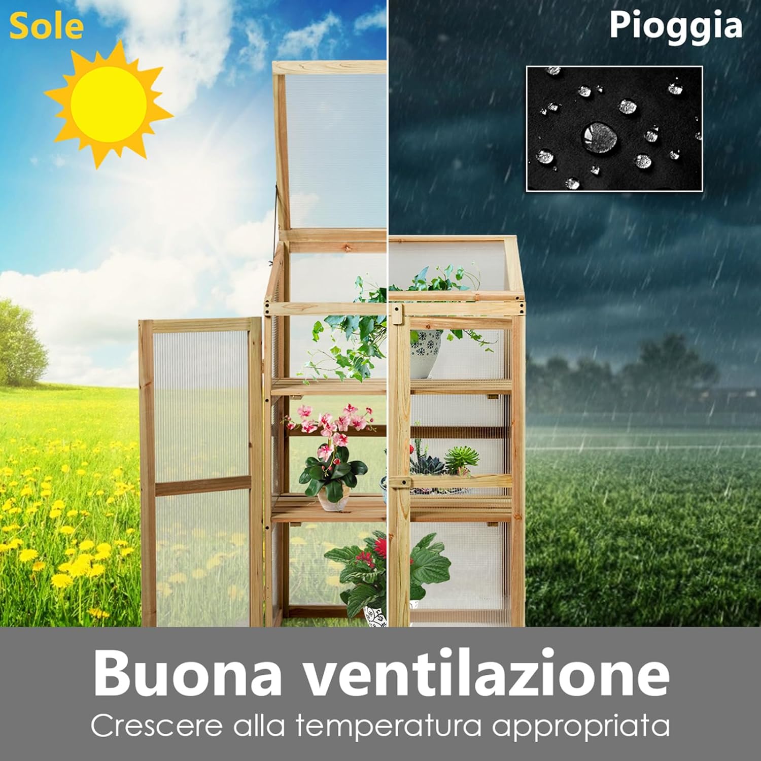 Mini Serra da Giardino a 3 Ripiani in Legno, Serra da Esterno e Interno per Piante e Orto con Coperchio e Ante Apribili, Mini Serra da Giardino e Balcone, 60 x 45 x 100 cm