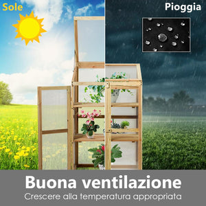 Mini Serra da Giardino a 3 Ripiani in Legno, Serra da Esterno e Interno per Piante e Orto con Coperchio e Ante Apribili, Mini Serra da Giardino e Balcone, 60 x 45 x 100 cm