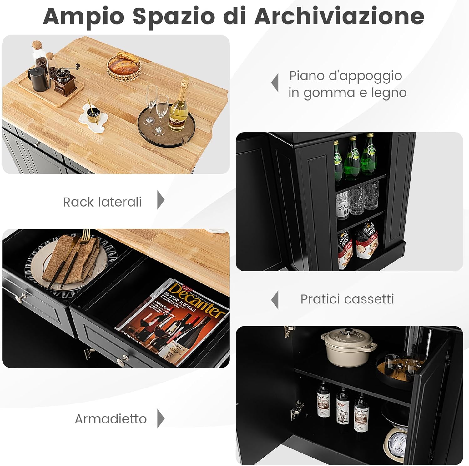 Credenza da Cucina in Legno, Isola da Cucina con Contenitore, con Ripiani Regolabili a 3 Livelli, 120 x 61 x 92 cm, Carico 200 kg (Nero)