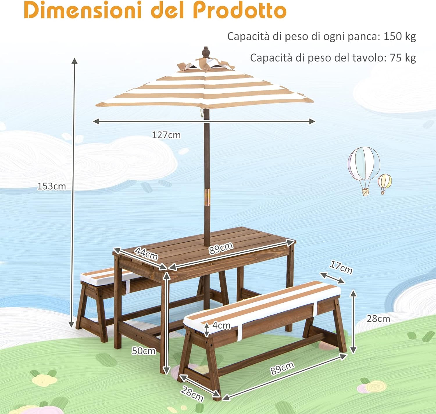 Tavolo da Picnic per Bambini con Parasole Pieghevole, Set di Tavolo e Panca in Legno con Cuscini, per Giardino, Cortile, Patio (Marrone)