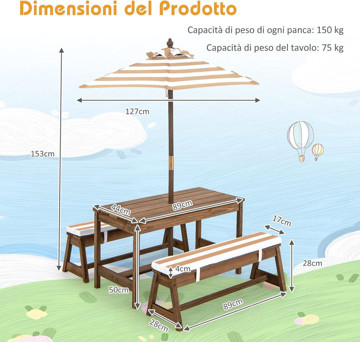 Tavolo da Picnic per Bambini con Parasole Pieghevole, Set di Tavolo e Panca in Legno con Cuscini, per Giardino, Cortile, Patio (Marrone)