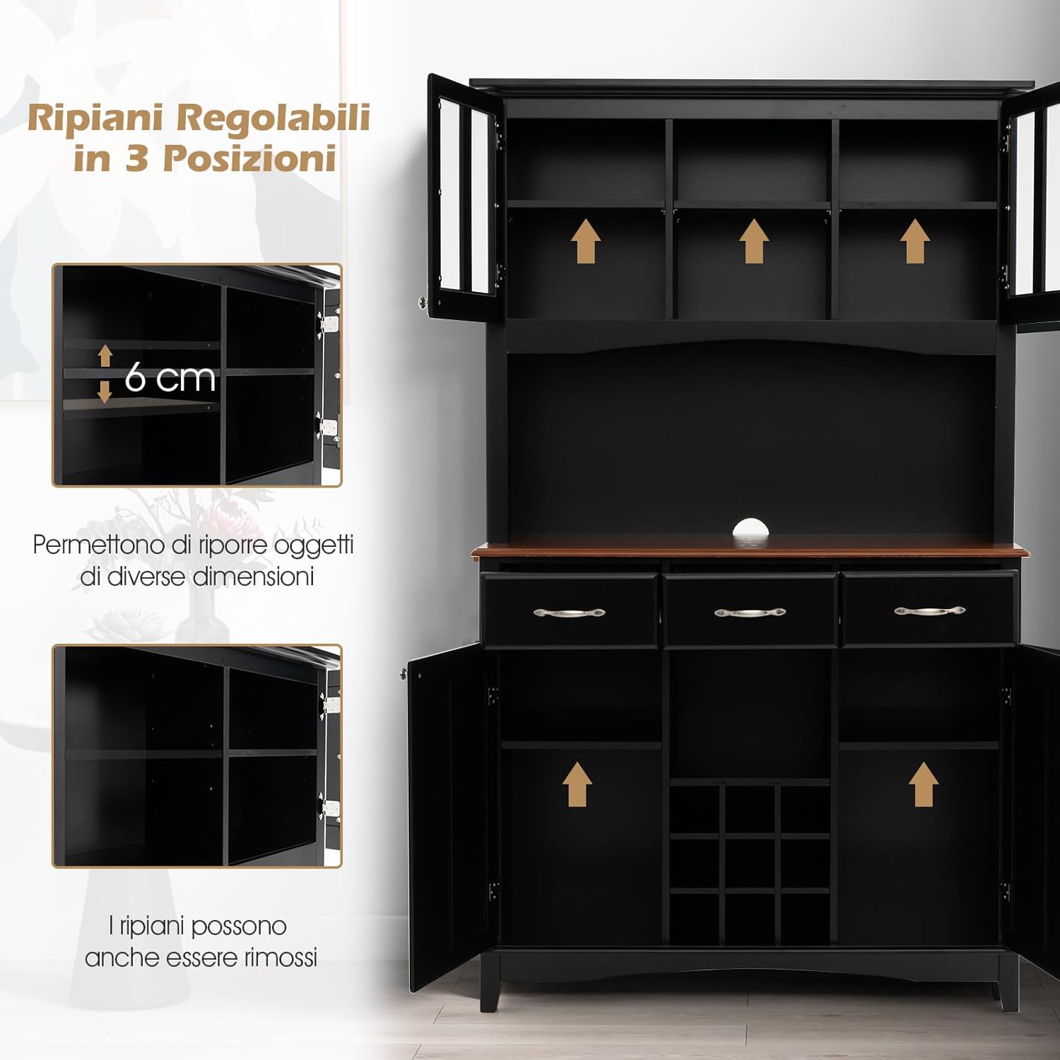 Credenza da Cucina, Armadietto Dispensa da Cucina Alto con Ante in Vetro Temperato, Portabottiglie, Ripiani Regolabili, Mobile Moderno per Cucina con 3 Cassetti e Ripiani Aperti (Nero)
