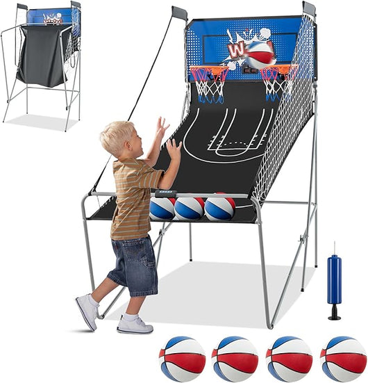 Macchina da Pallacanestro Elettronica, Canestro Basket da Camera a Doppio Tiro Pieghevole con Punteggio Elettronico, 4 Palle, 8 Modalità di Gioco e 2 Canestri (Blu 2)