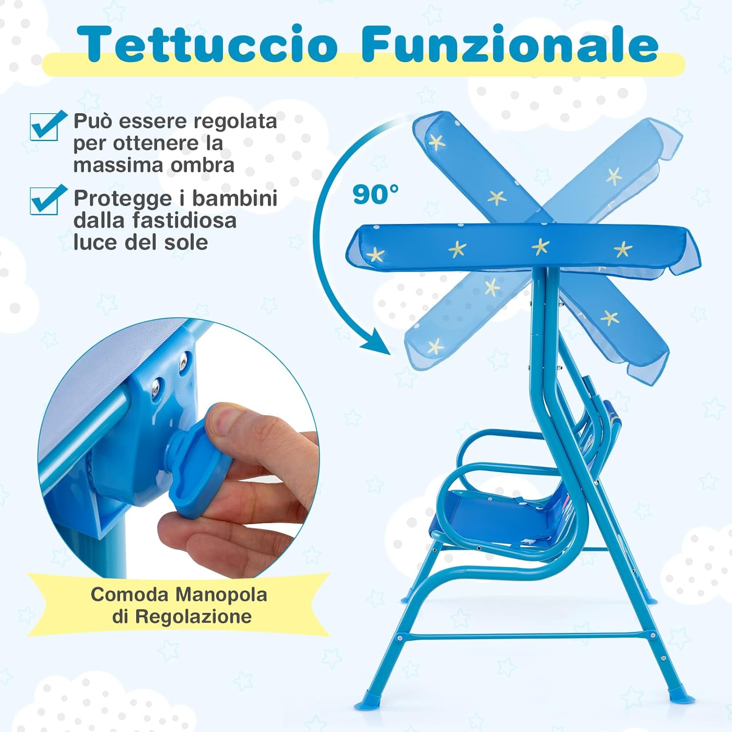 Altalena da Esterno per Bambini, Panchina a Dondolo a 2 Posti con Struttura in Metallo, Tetto Regolabile e Cinture di Sicurezza, per Bambini 3+Anni, Portata 80 kg (Blu)