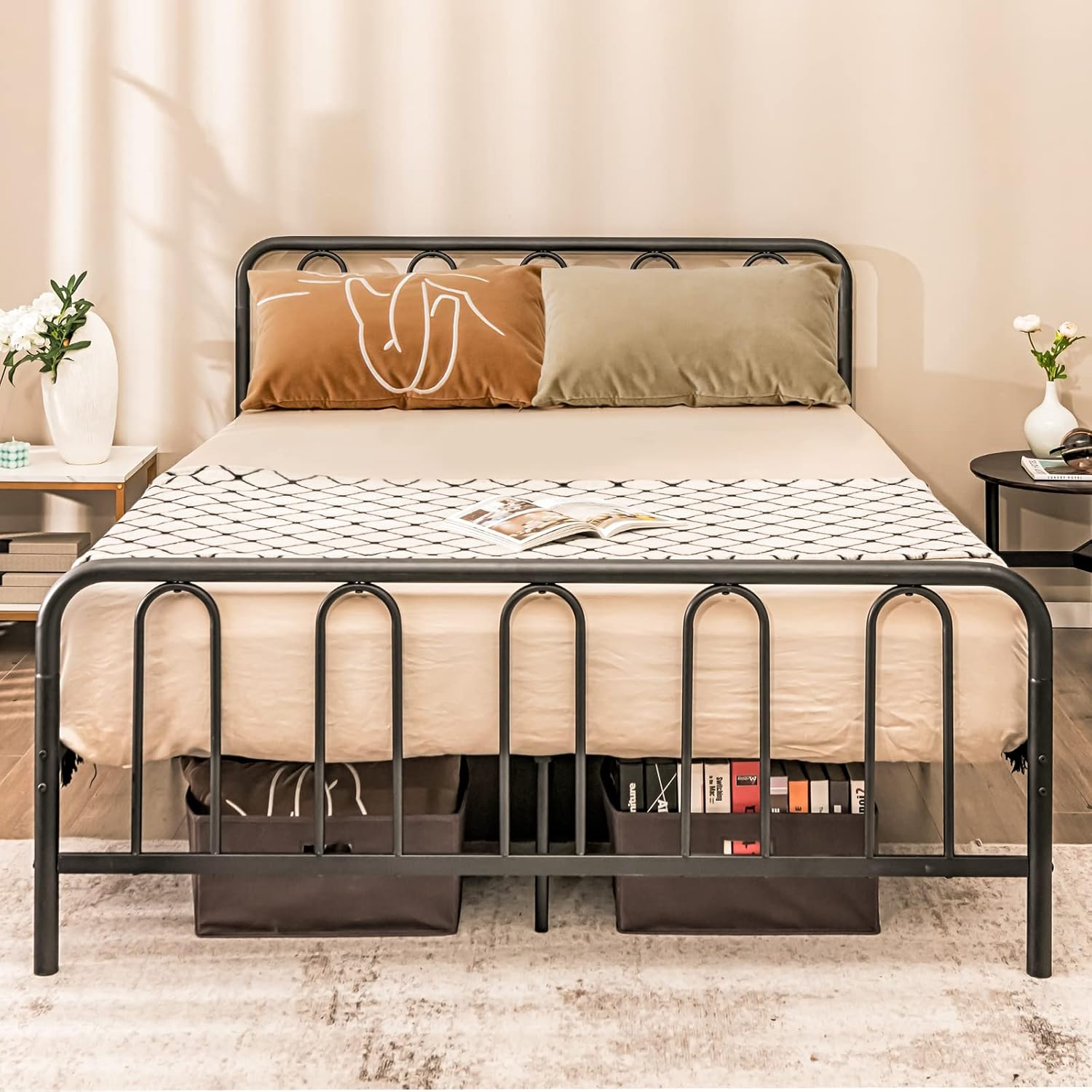 Telaio da Letto in Metallo, Struttura Letto con Testiera e Pediera, Letto a Piattaforma con Doghe in Acciaio, Carico Massimo 300kg, Nero (200cm x 160cm)