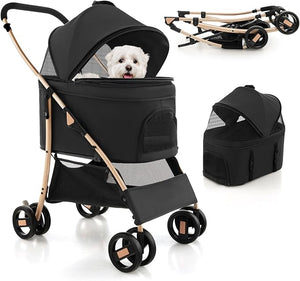 Passeggino per Cani Pieghevole 3 in 1, Carrello per Animali Domestici con Tettuccio Regolabile e Cesto, Trasportino a 4 Ruote per Cani di Piccola e Media Taglia (Nero)