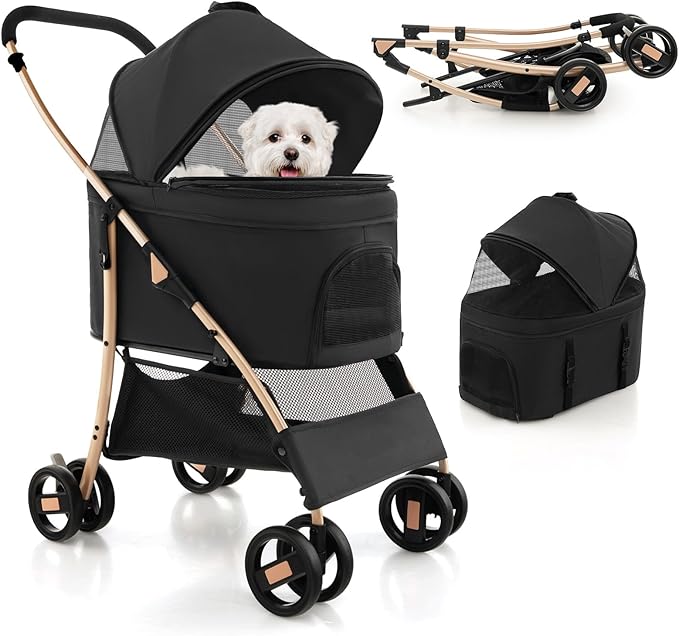Passeggino per Cani Pieghevole 3 in 1, Carrello per Animali Domestici con Tettuccio Regolabile e Cesto, Trasportino a 4 Ruote per Cani di Piccola e Media Taglia (Nero)