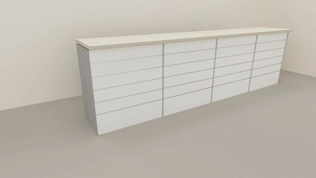 Banco cassa espositivo da negozio con pannello dogato cm. 368x64x106h