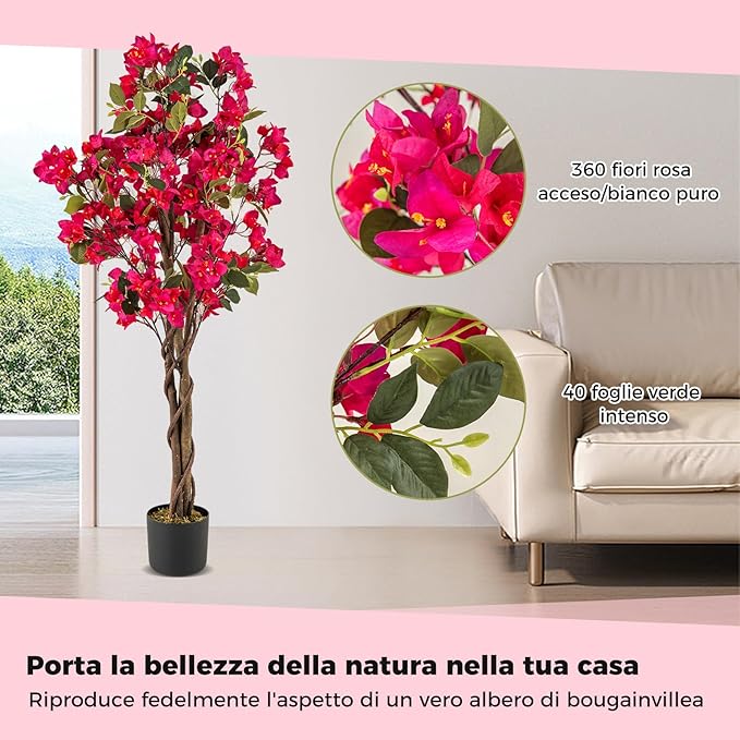 Albero Artificiale di Bougainvillea 120 cm, Pianta Finta in Vaso con 360 Fiori e 40 Foglie, Pianta Decorativa per Casa, Ufficio e Negozio (Rosa,2)
