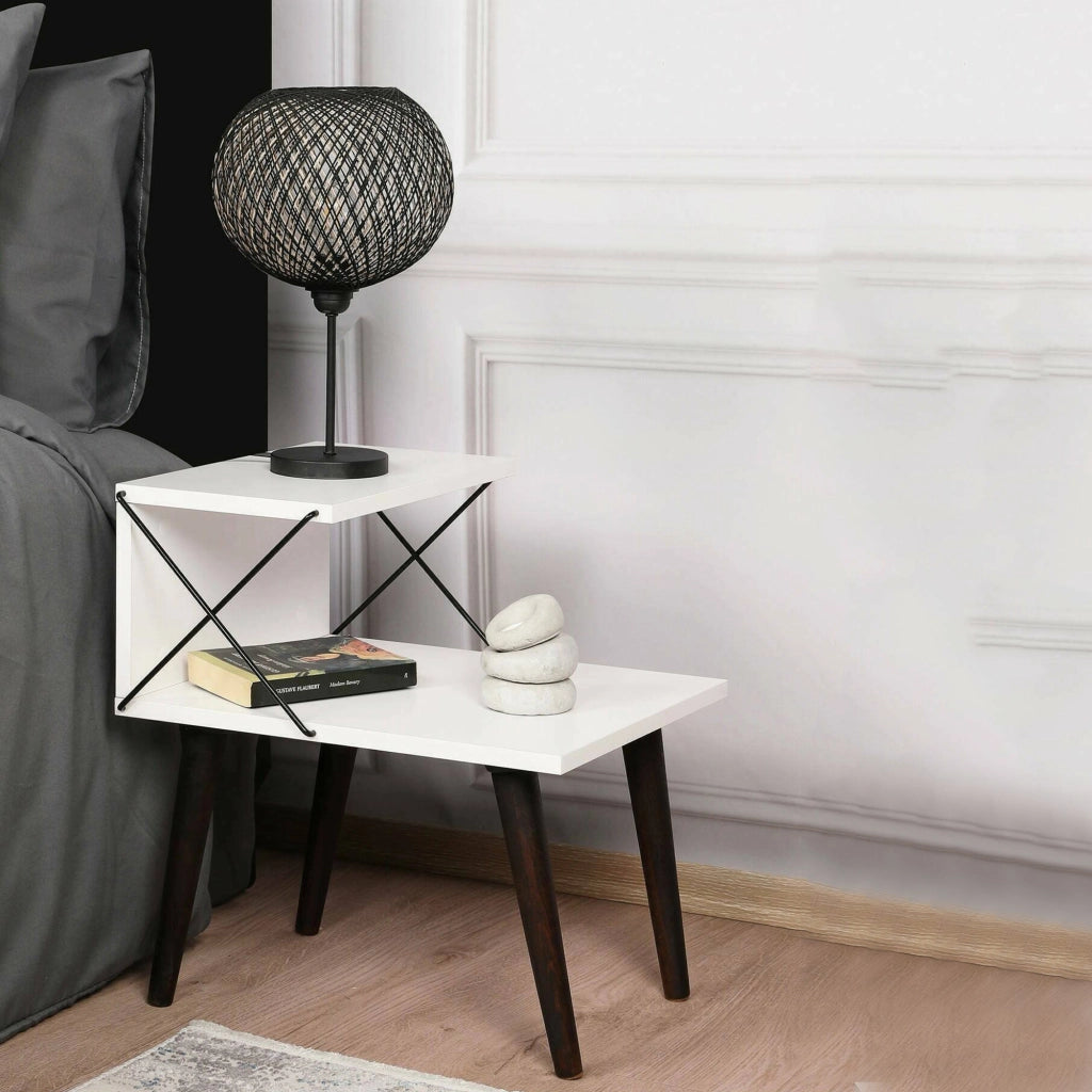 Comodino Newton, Comò basso, Tavolino da notte, Mensola da letto, 50x40h55 cm, Bianco