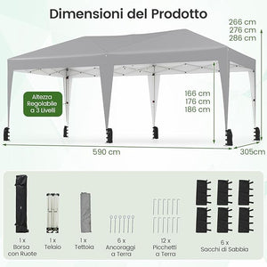 Gazebo Pop-up da Esterno 590 x 300 cm, Gazebo Regolabile in Altezza con Borsa con Ruote, Picchetti, Ancoraggi, Corde Antivento e Sacchi di Sabbia, Tenda Pieghevole per Campeggio (Grigio)