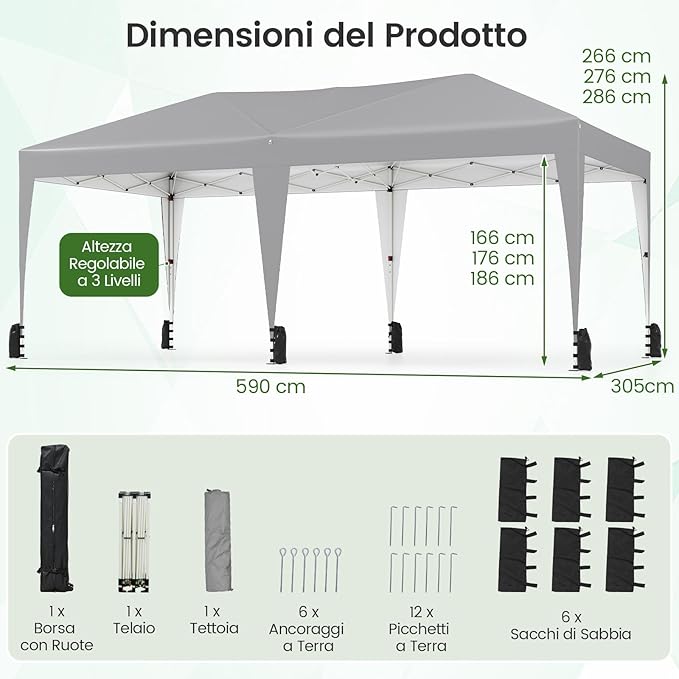 Gazebo Pop-up da Esterno 590 x 300 cm, Gazebo Regolabile in Altezza con Borsa con Ruote, Picchetti, Ancoraggi, Corde Antivento e Sacchi di Sabbia, Tenda Pieghevole per Campeggio (Grigio)