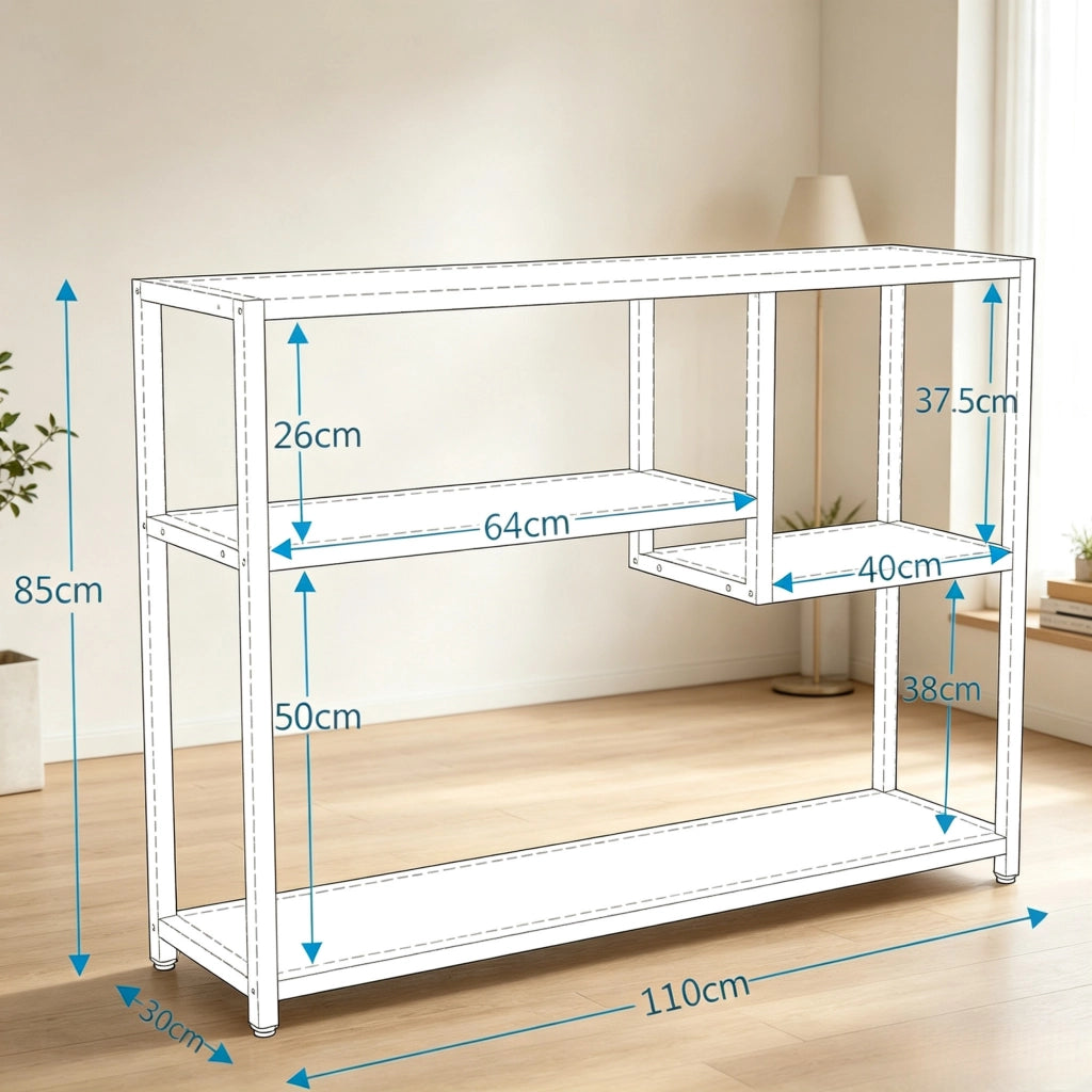 Tavolo consolle 110x30x85 cm con 4 ripiani in metallo e legno nero