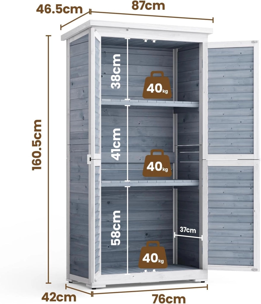 Armadio da Giardino in Legno 160 cm, Resistente agli Agenti Atmosferici con Tetto Inclinato e Dispositivo Bloccabile, Armadio per Attrezzi Esterno 47x87x160 cm Grigio (Grigio)