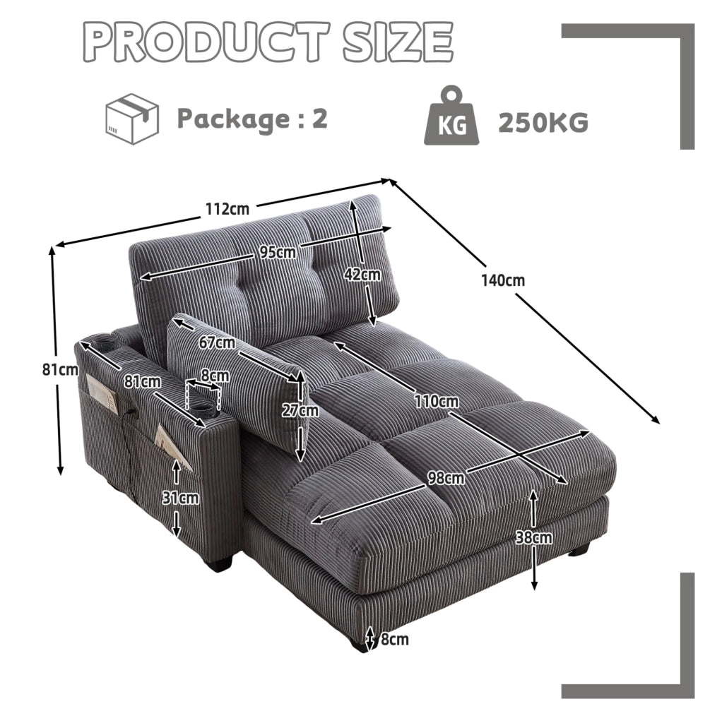 Poltrona relax 140x112x81 cm con portabicchieri e tasche in velluto grigio