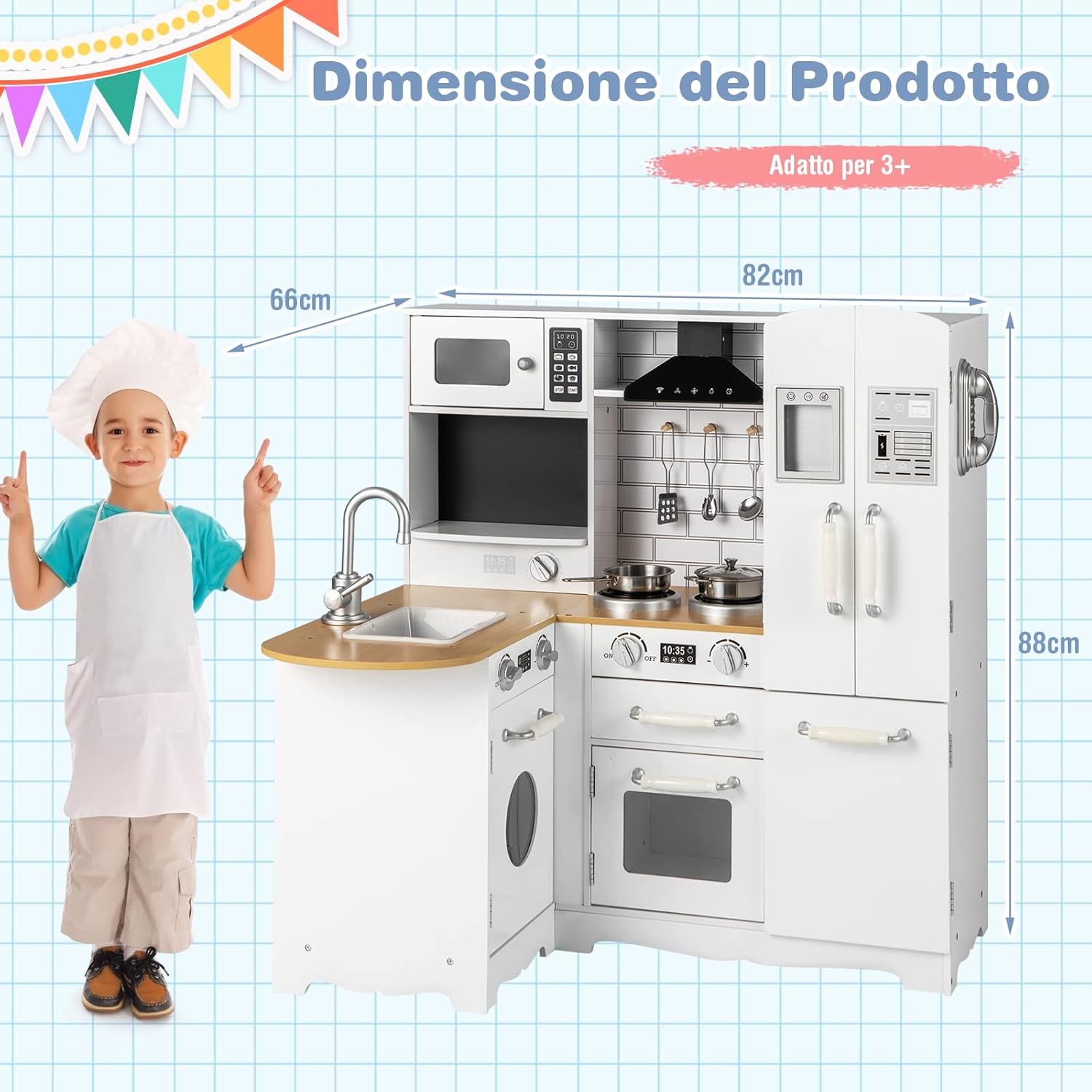 Cucina Giocattolo per Bambini, Cucina per Bambini in Legno con Lavello, Fornelli, Cappa, Telefono, Frigorifero, Lavatrice e Utensili da Cucina, 3 Anni+, Bianco