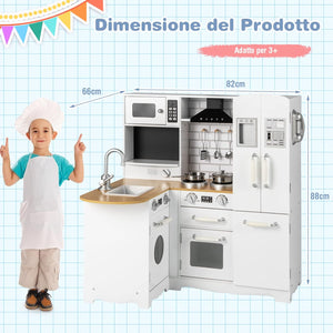 Cucina Giocattolo per Bambini, Cucina per Bambini in Legno con Lavello, Fornelli, Cappa, Telefono, Frigorifero, Lavatrice e Utensili da Cucina, 3 Anni+, Bianco