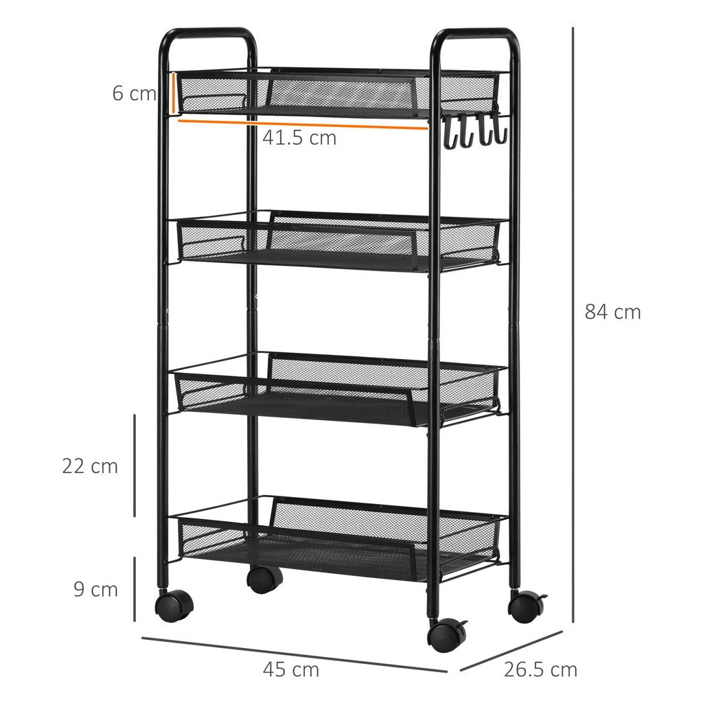 CARRELLO DA CUCINA A 4 RIPIANI RIMOVIBILI 45X26.5X84 CM IN ACCIAIO NERO