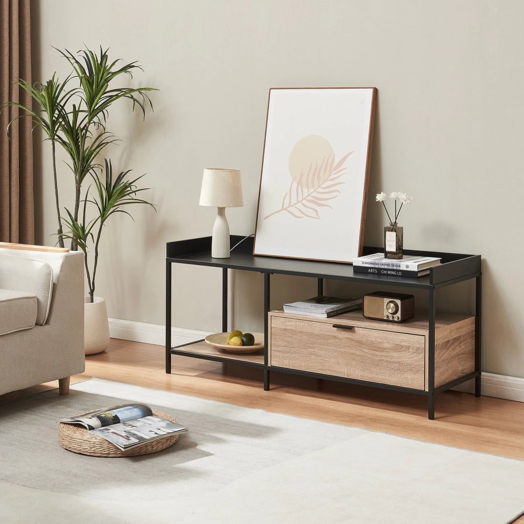 Mobile Porta TV Belana con Cassetto e 2 Scomparti Aperti 120 x 40 x 54 cm - Nero/Effetto Rovere [en.casa]