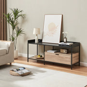 Mobile Porta TV Belana con Cassetto e 2 Scomparti Aperti 120 x 40 x 54 cm - Nero/Effetto Rovere [en.casa]
