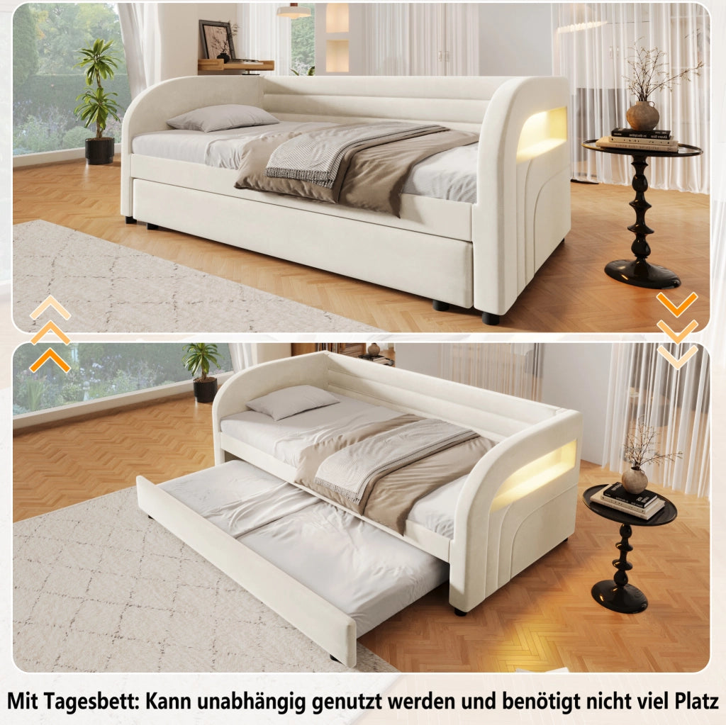 Letto imbottito singolo 90x200 cm con letto estraibile e LED laterale; flanella beige