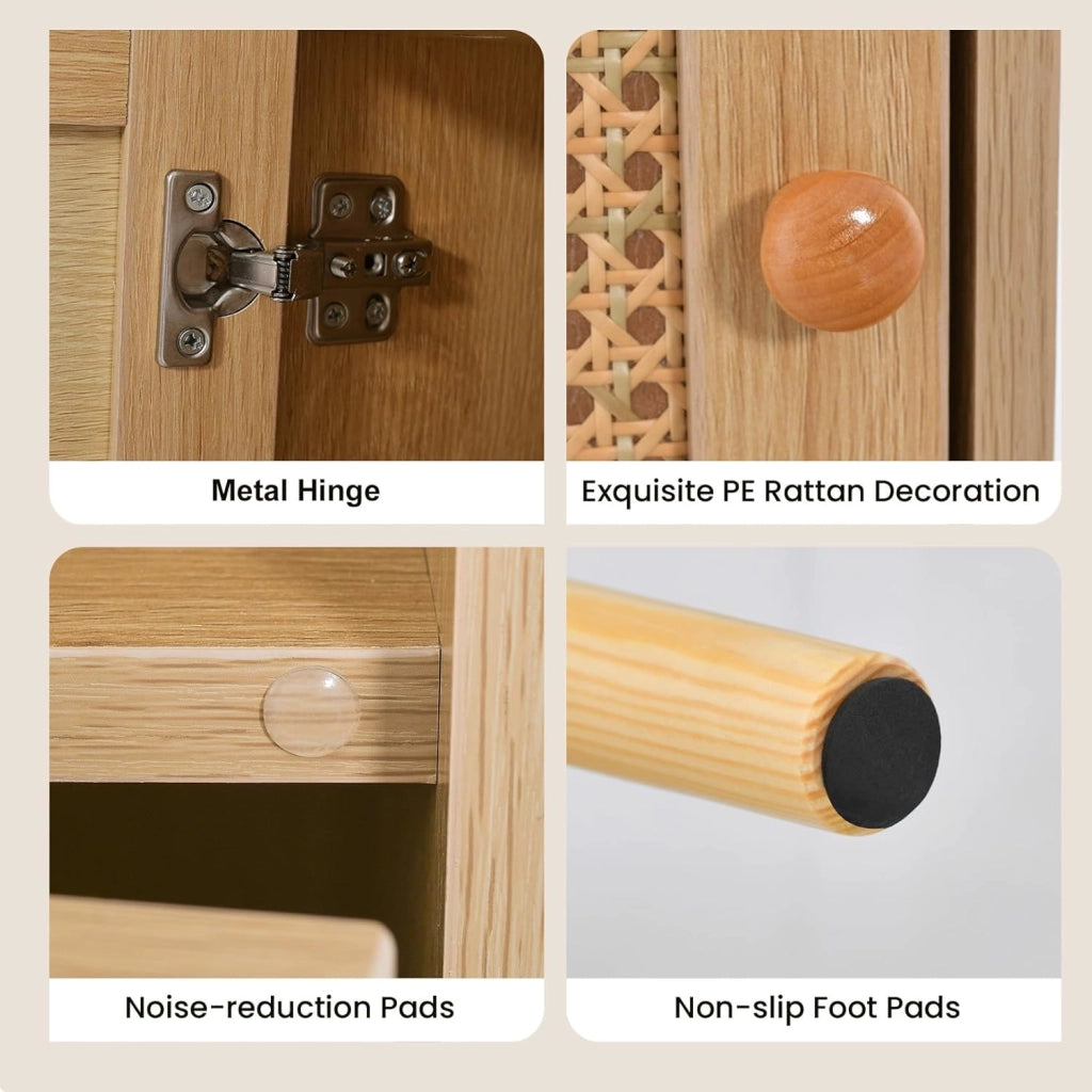 Comodino in legno, con porta in rattan e gambe in pino, tavolino con armadio e ripiano aperto, per camera da letto, soggiorno, 40 x 39 x 70 cm, naturale