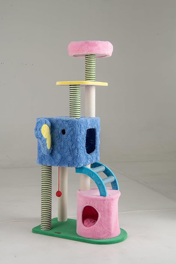 Albero per Gatti a Tema Elefante, Albero Tiragraffi per Gatti con Condomini, Ripiano Imbottito, Pali da Graffiare, Giocattolo in Peluche, Piattaforme e Cuscino Rimovibile, Cat Tree per Interno
