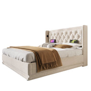 Letti contenitori 140x200 cm con contenitore; USB Type-C e LED; cotone beige (Senza materasso)