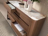 Cassettiera in noce e acciaio scuro metallizzato con piano in marmo porcellanato