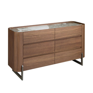 Cassettiera in noce e acciaio scuro metallizzato con piano in marmo porcellanato