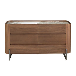 Cassettiera in noce e acciaio scuro metallizzato con piano in marmo porcellanato
